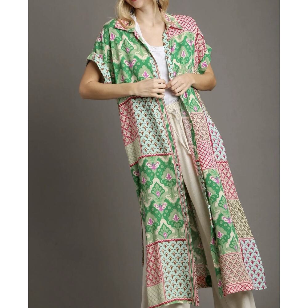 Umgee Patchwork Mixed Print Midi Dress Sz M Pink Green Floral Boho Beachy Artsy - Picture 3 of 15